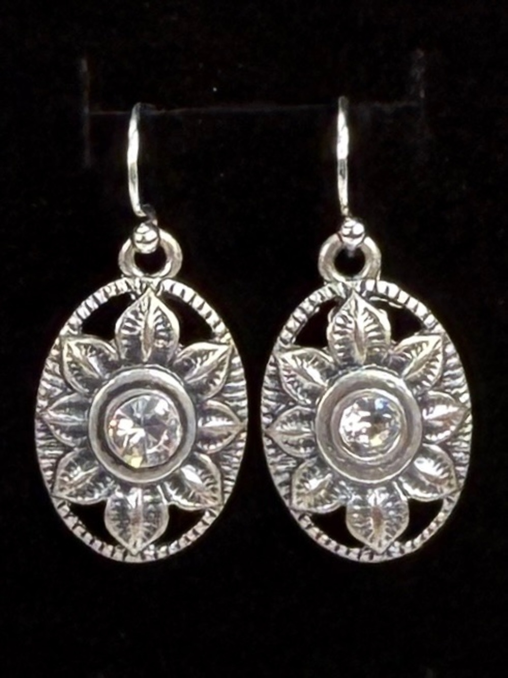 Vintage etched, Silvertone, clear bling, sunflower pierced earrings